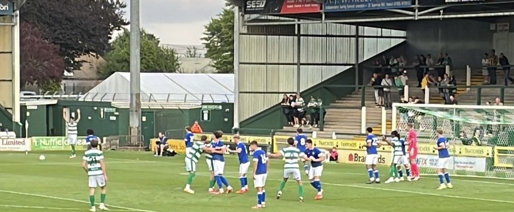 Yeovil Town defend the Thatcher's Stand in the pre-season friendly against Cardiff City Under-21s.
