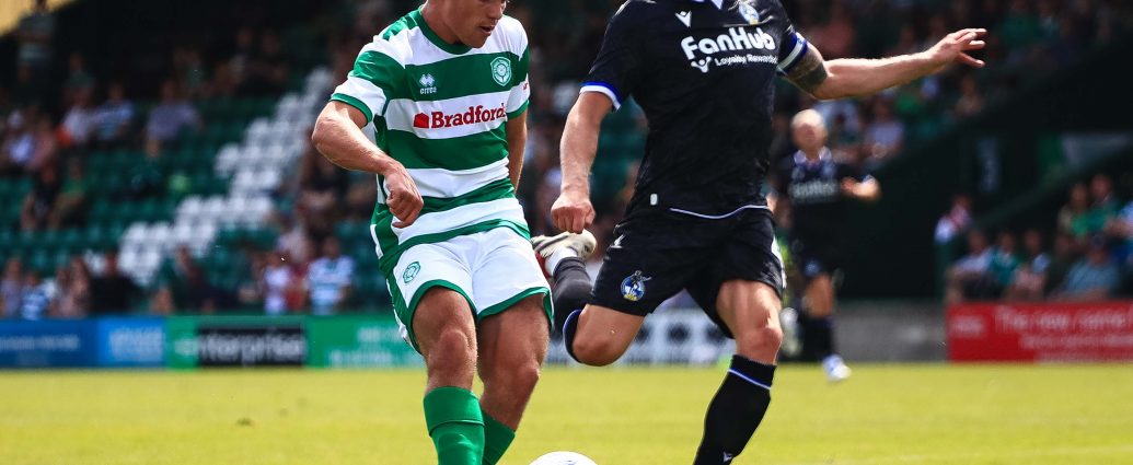 Byron Pendleton shoots for goal against Bristol Rovers.