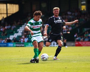 Byron Pendleton shoots for goal against Bristol Rovers.