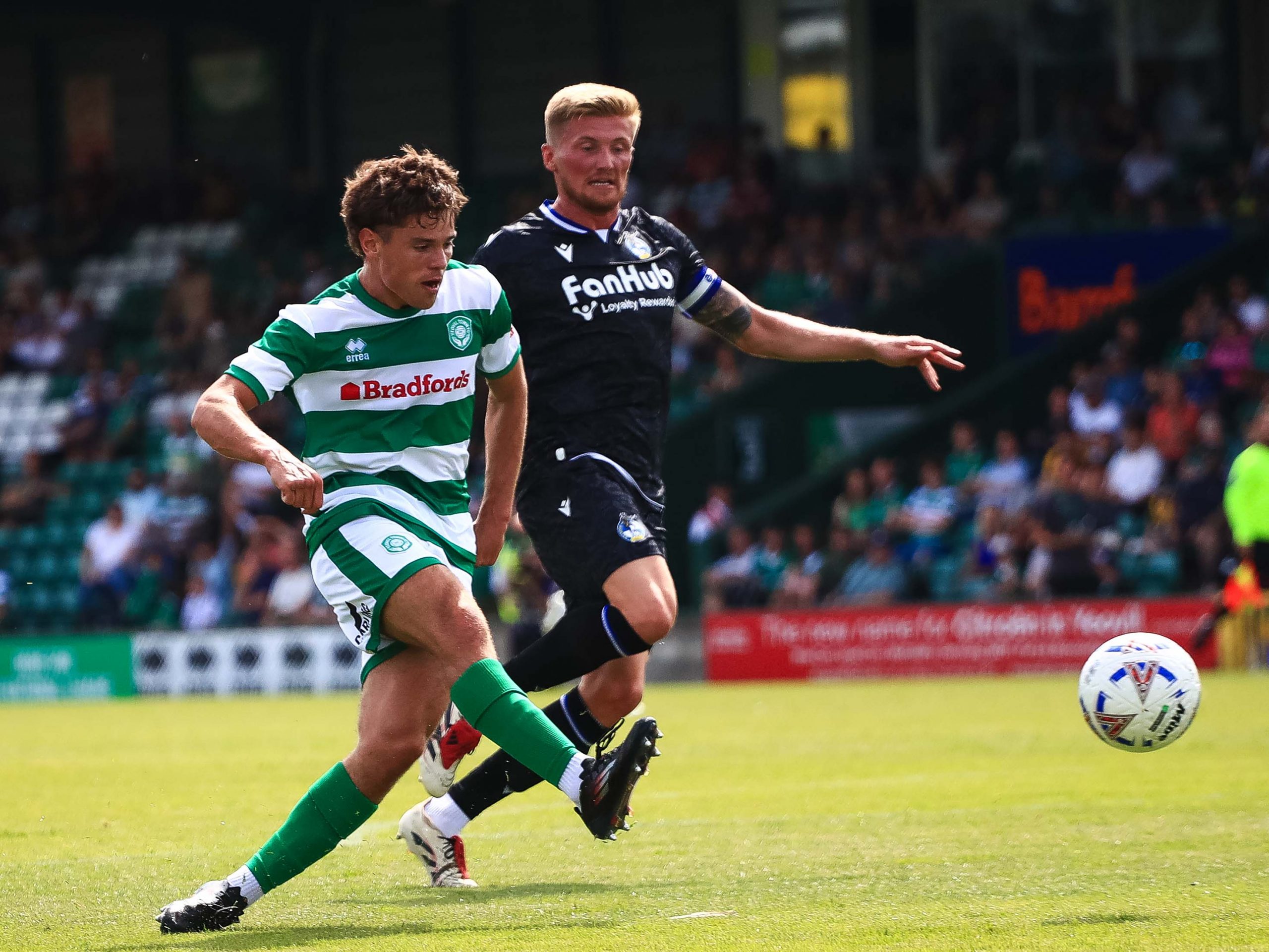 Trialist Byron Pendleton fires a shot in on goal against Bristol Rovers.
