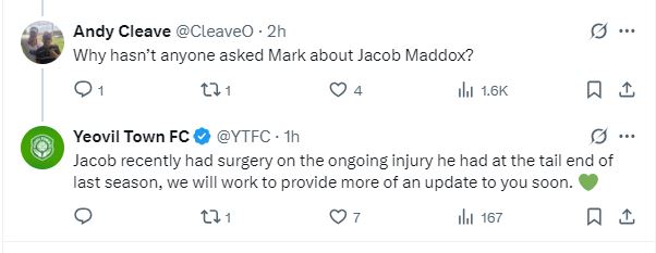 A social media post from the club confirming that midfielder Jacob Maddox had surgery at the end of last season.