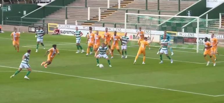 A rare Yeovil Town foray in to the Hartlepool United penalty area.